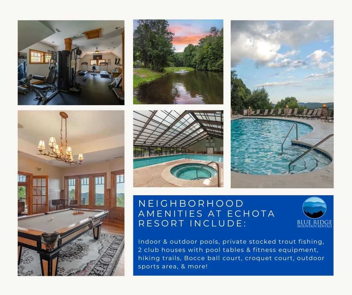 A vibrant community clubhouse interior featuring both an indoor pool and an outdoor pool, a pool table for game nights, and fitness equipment. Large windows reveal scenic outdoor views, and the atmosphere is lively yet relaxed, suggesting a range of activities available for all ages and interests.